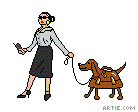Cartoon of a lady holding a cell phone, dog on leash looks like a briefcase