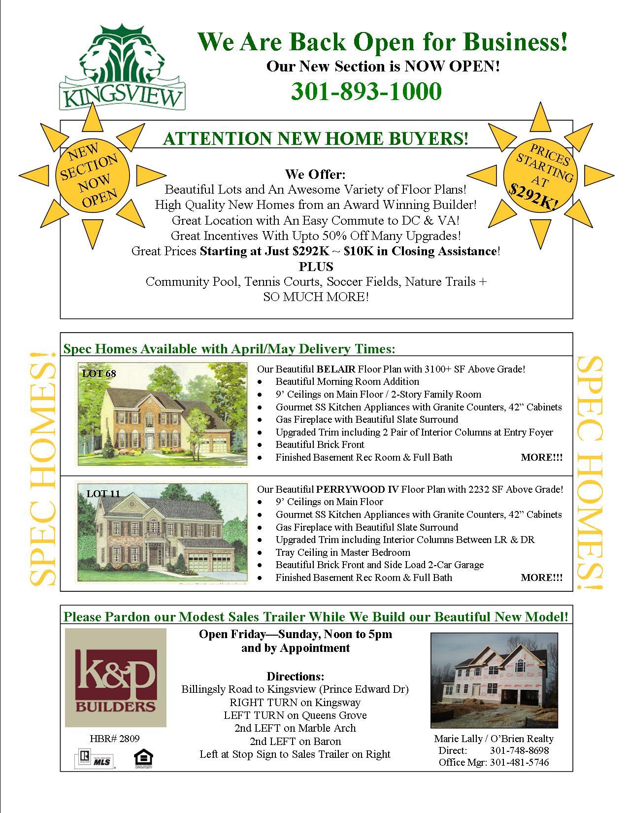 Kingsview New Homes for Sale in Charles County MD - Southern Maryland New Homes by K&P Builders and Marie Lally of O'Brien Realty