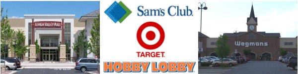 Lehigh Valley Shopping Malls, Grocery Stores, Target, Sams Club , Hobby Lobby